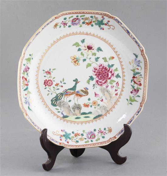 A Chinese export famille rose double peacock octagonal dish, Qianlong period, width 24.5cm